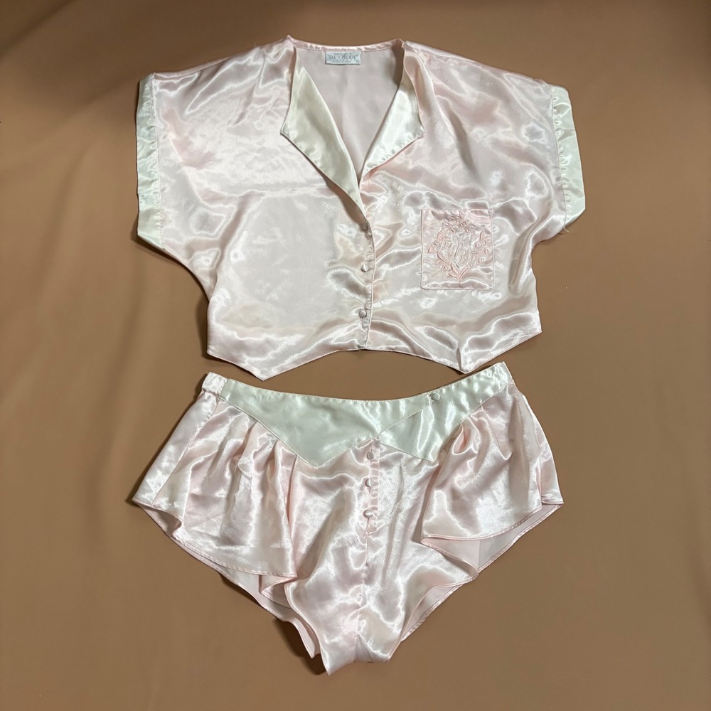 Vintage Val Mode Lingerie Pink Satin Pajama Set Cropped Top Tap Shorts Medium